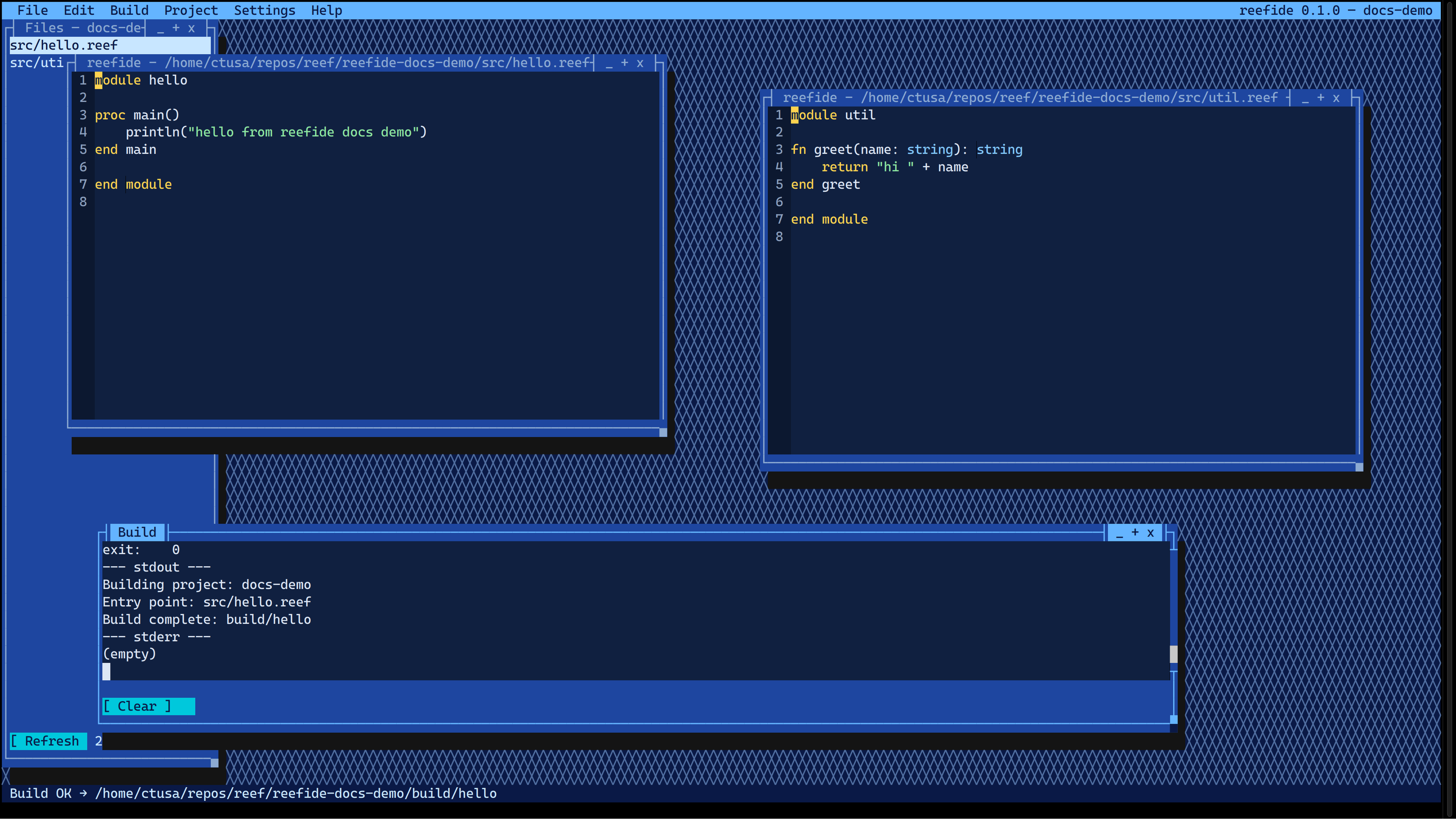 Multi-window reefide with Files panel, editors, and Build log