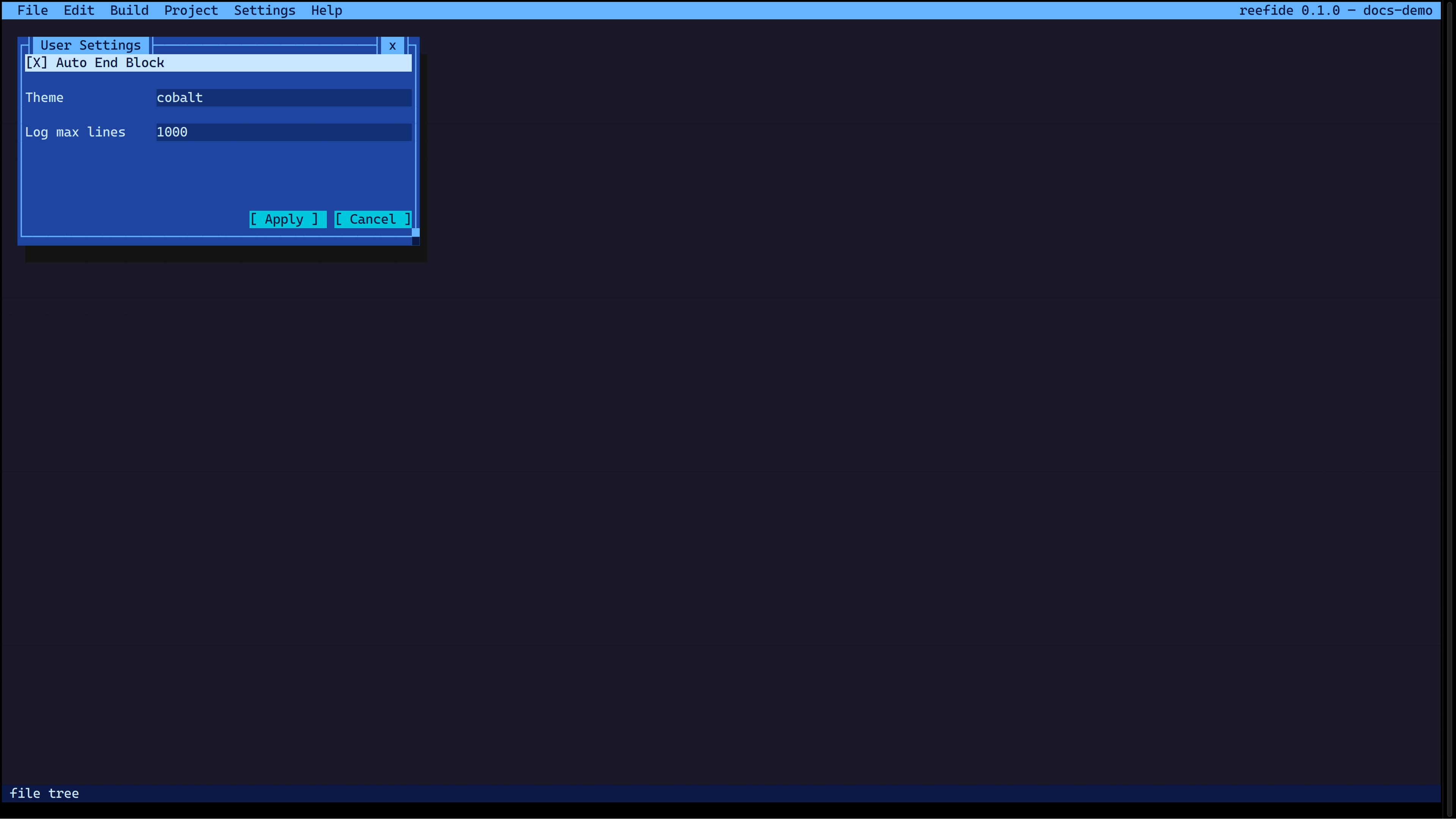 User Settings: Auto End Block, Theme (cobalt), Log max lines