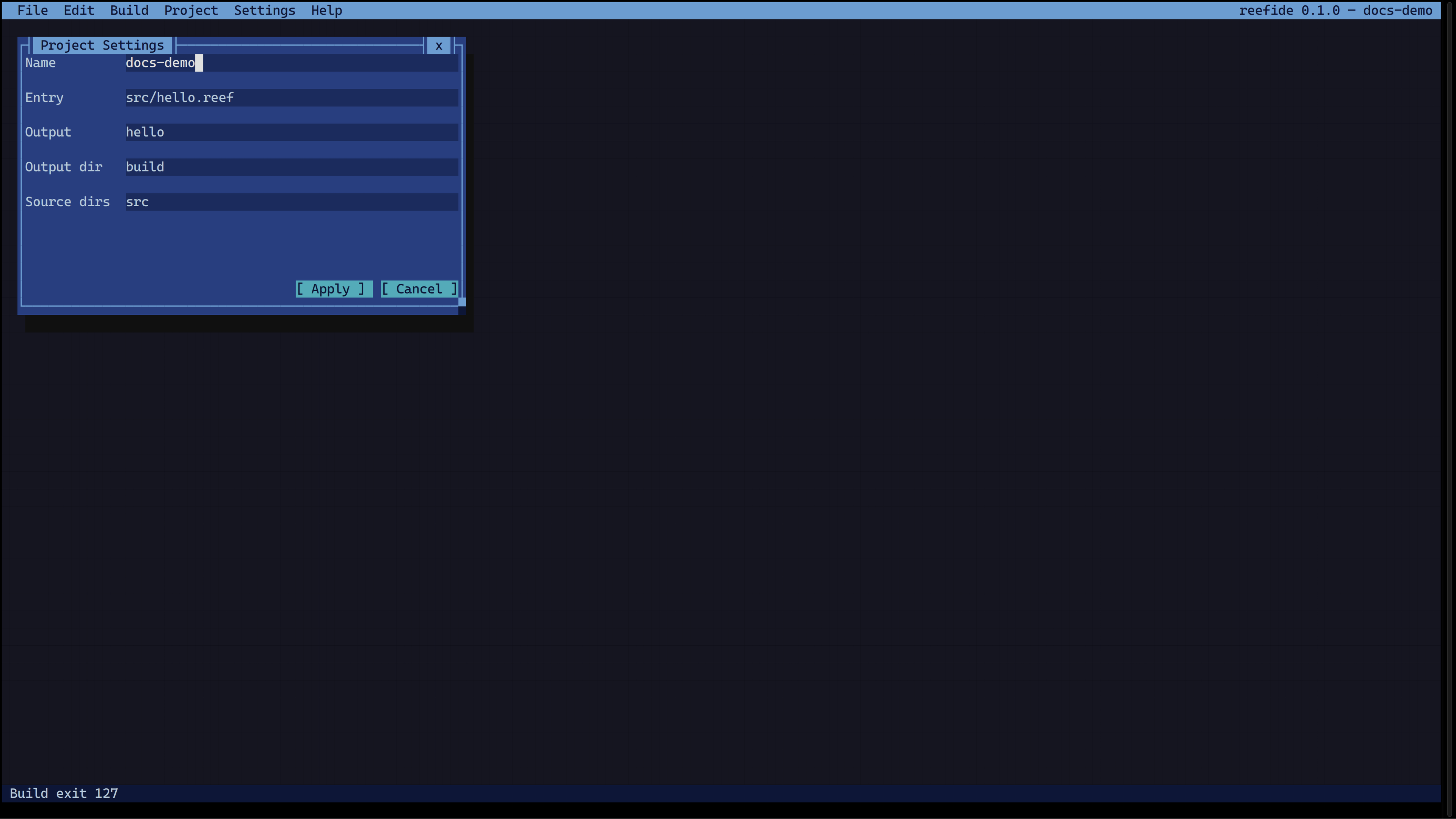 Project Settings: Name, Entry, Output, Output dir, Source dirs